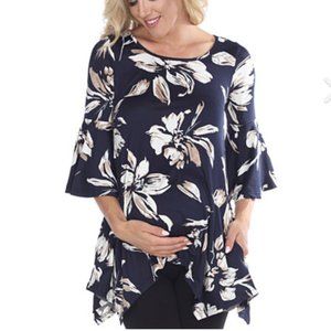 White Mark Women's Maternity Floral Print Quarter Sleeve Tunic Top with Pockets